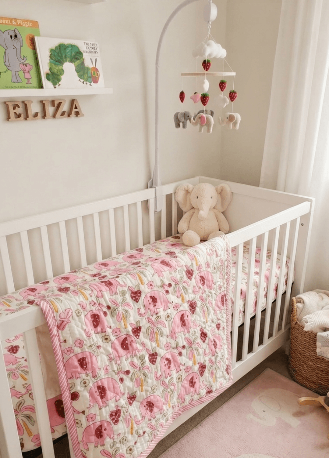 Kids Reversible Mulmul Quilt- Pink Elephant