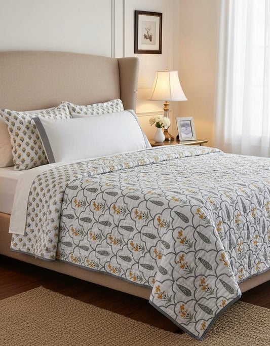 Meera Bagh Collection - Handblock Printed Reversible Mulmul Cotton Quilt - Double (90 x 108 inch)
