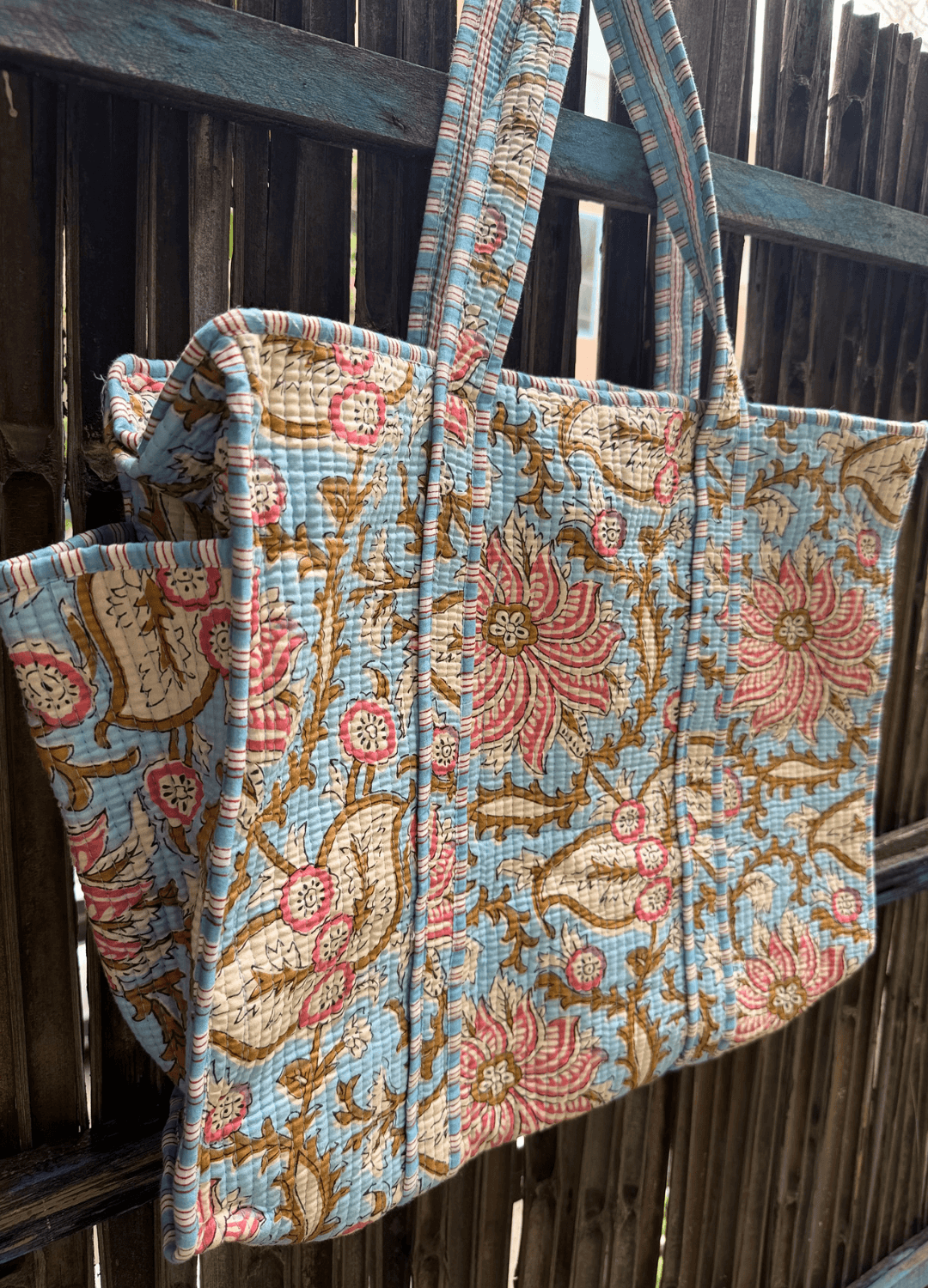 Block Printed Big Tote with bottle holder