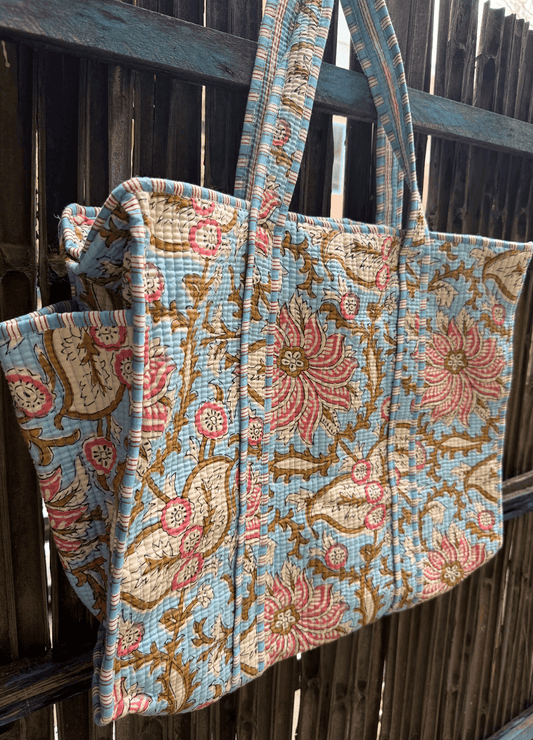 Block Printed Big Tote with bottle holder
