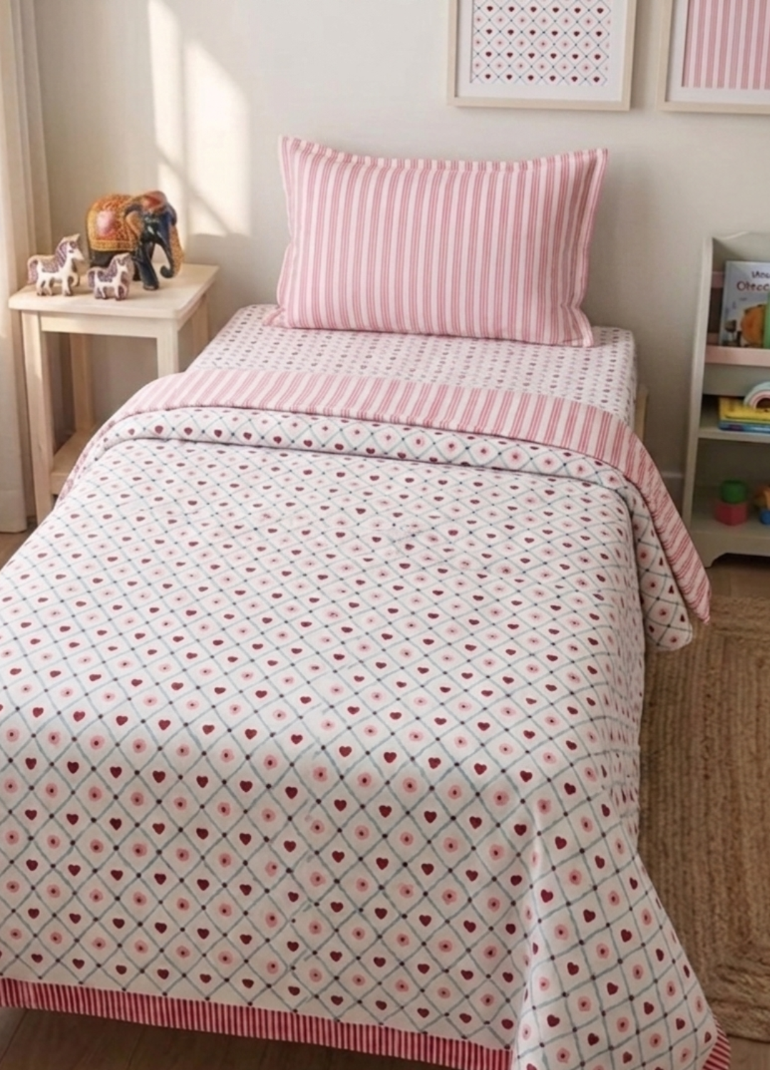 Handblock Kids Percale Single Bedsheet – Pink Heart