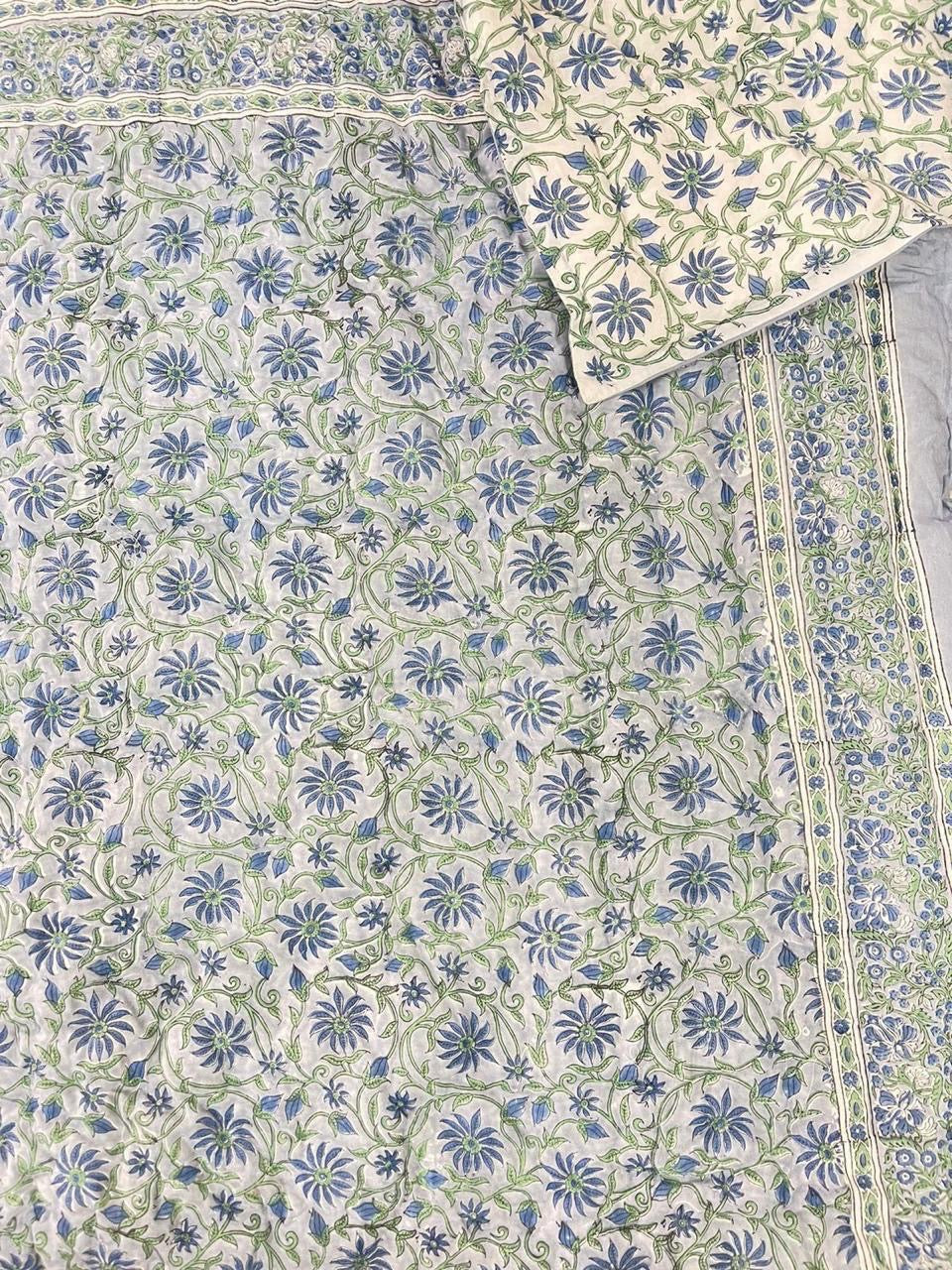 Floral Jaipuri Quilt- Handblock Printed Reversible Mulmul Cotton Quilt - Double (90 x 108 inch)