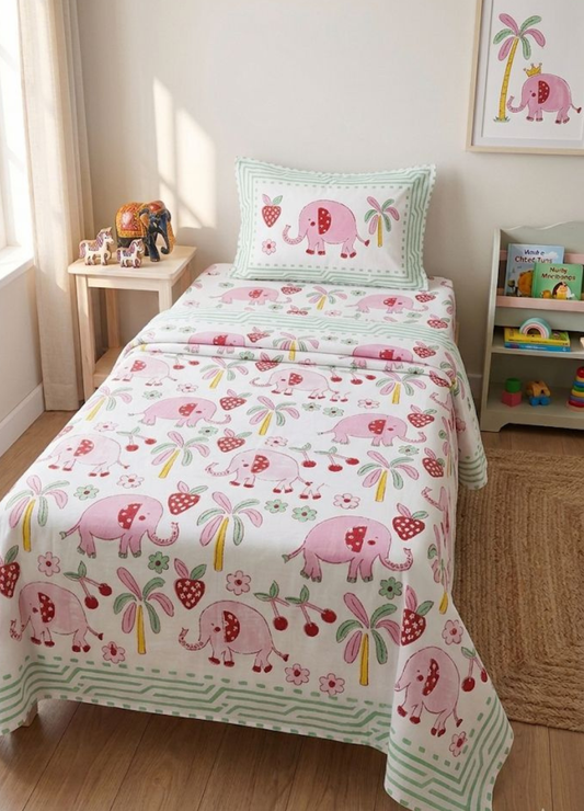 Kids Handblock South cotton Single Bedsheet – Pink Elephant