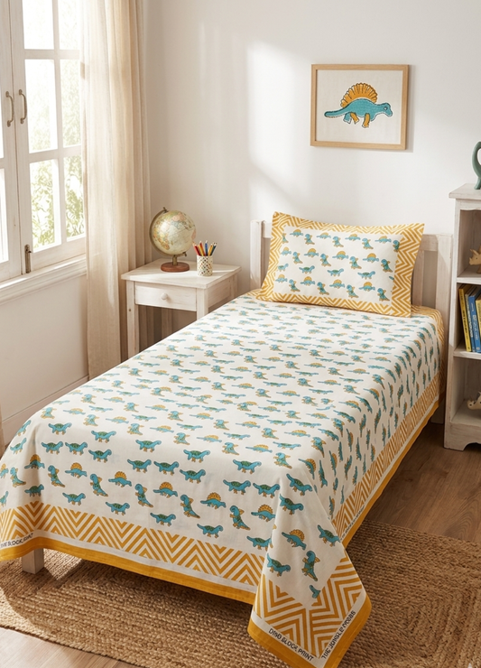 Kids Handblock South cotton Single Bedsheet – Dino