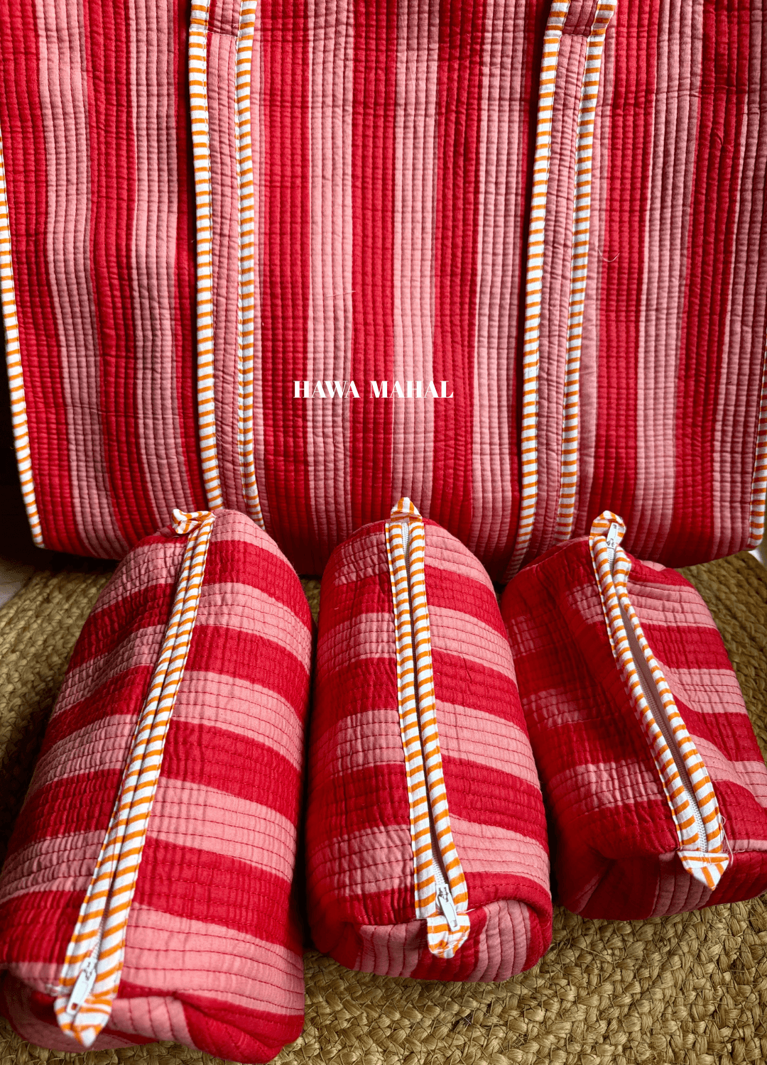 Stripe Quilted Cotton Tote Bag & Pouches (Set of 3) Combo