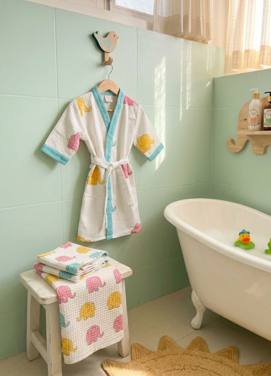 Hand Block Printed Kids Waffle Cotton Bathrobe - Jumb