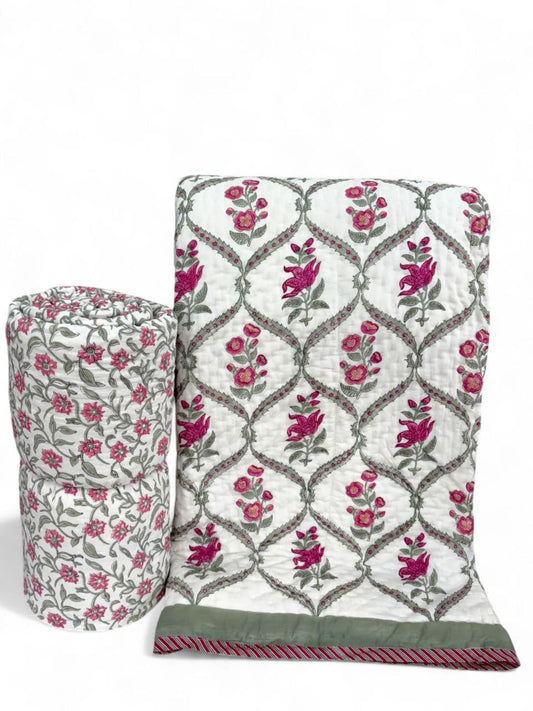 Jaipuri Quilt- Handblock Printed Reversible Mulmul Cotton Quilt - Double (90 x 108 inch)
