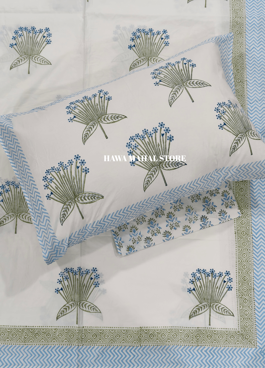 Handblock Print Percale Bedsheet with Reversible Pillow Covers