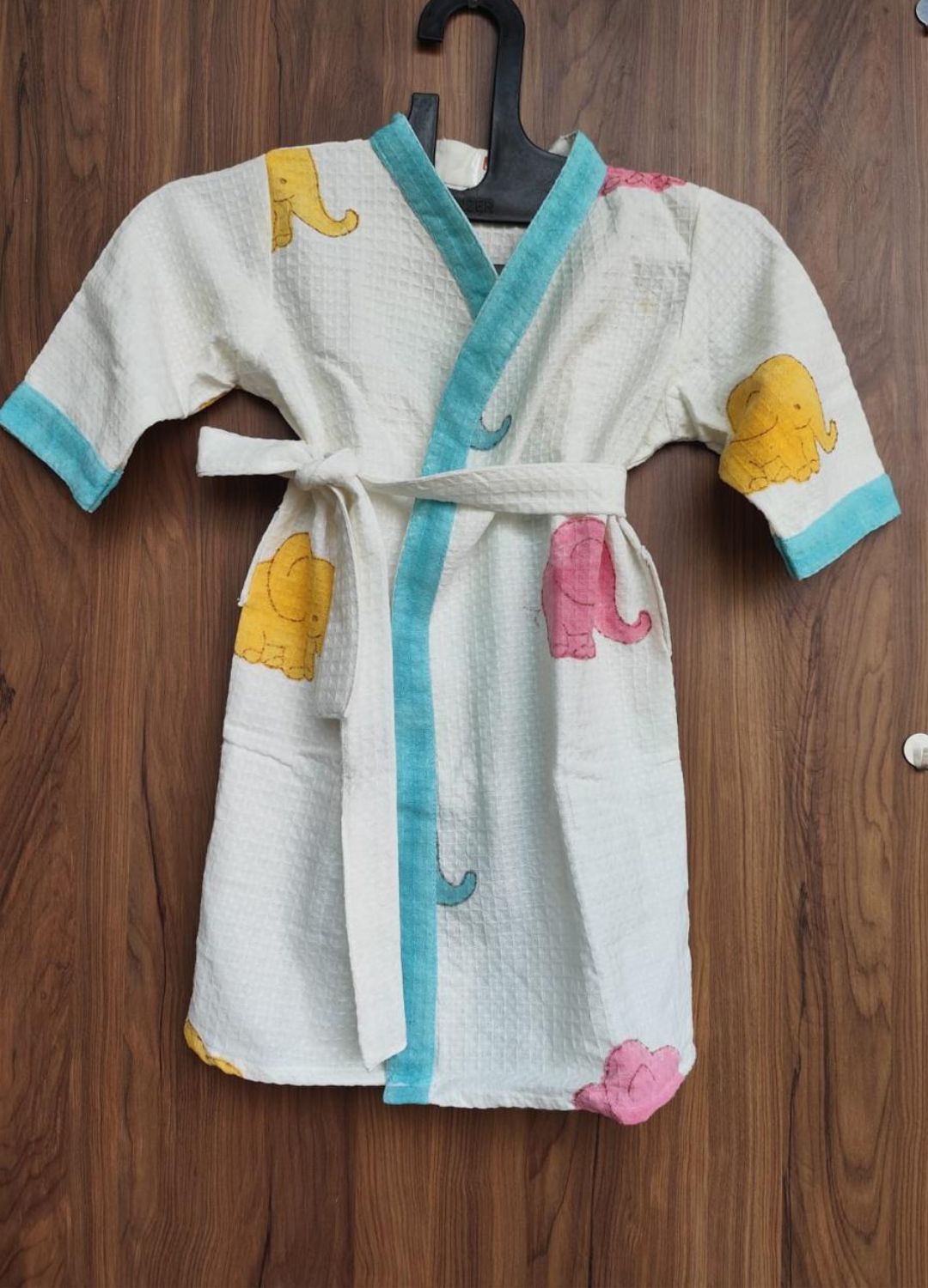 Hand Block Printed Kids Waffle Cotton Bathrobe - Jumb