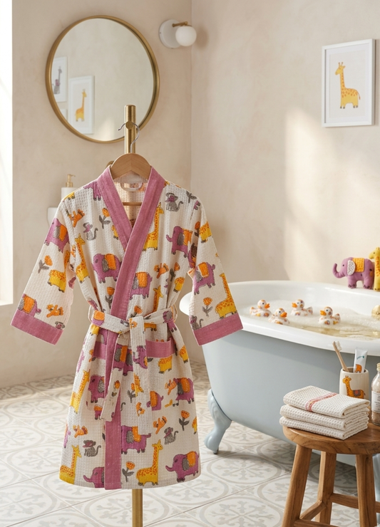 Hand Block Printed Kids Waffle Cotton Bathrobe - Pink Elephant