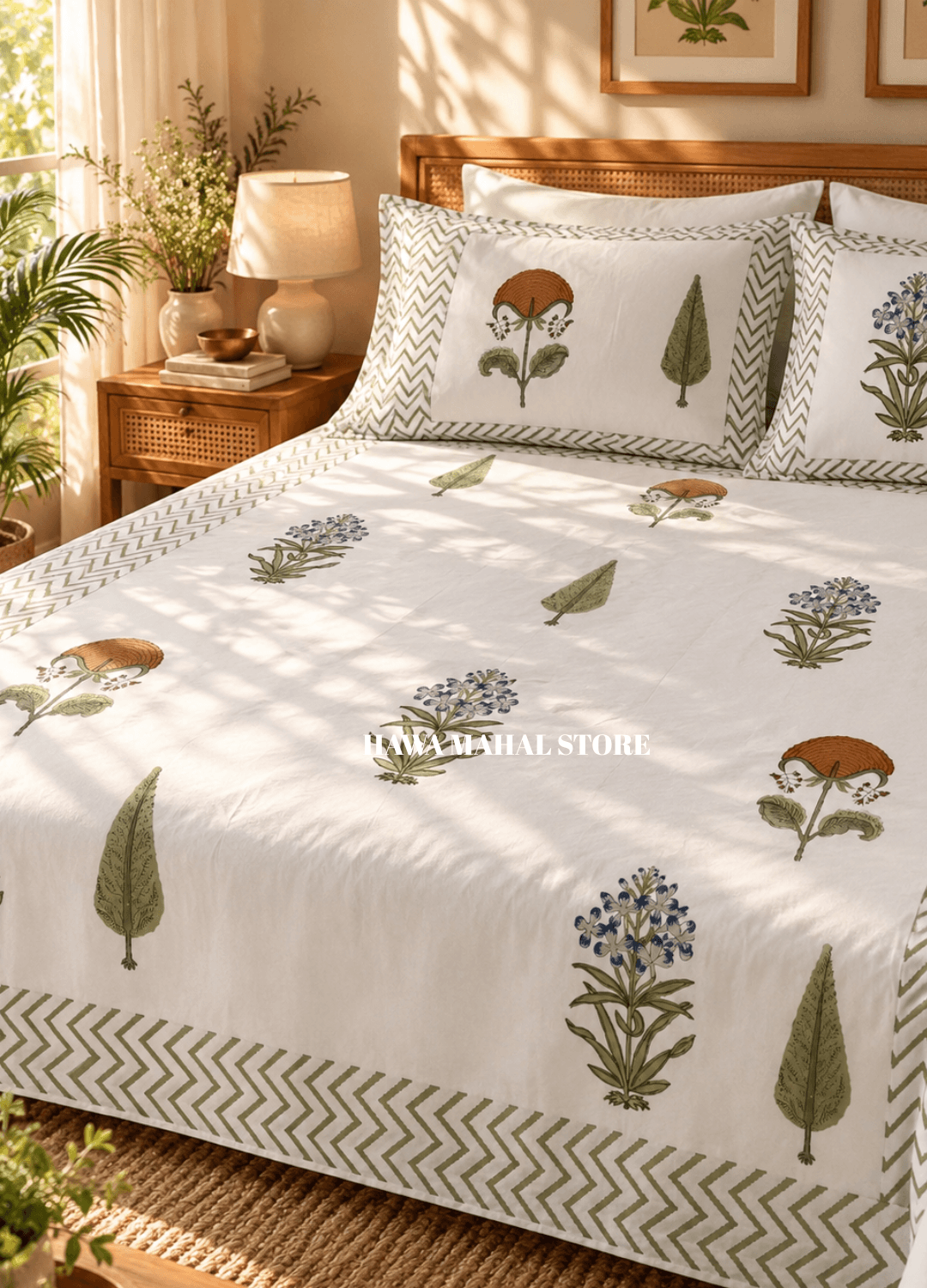 Handblock Print Percale Bedsheet with Reversible Pillow Covers