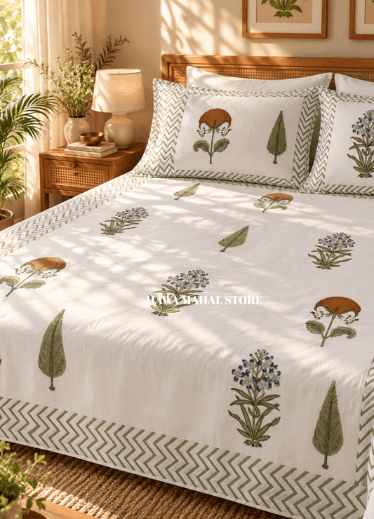 Handblock Print Percale Bedsheet with Reversible Pillow Covers