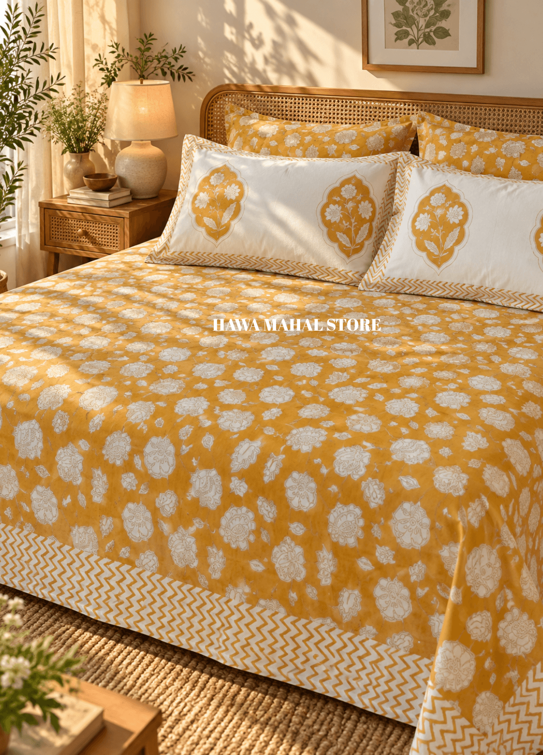 Handblock Print Percale Bedsheet with Reversible Pillow Covers