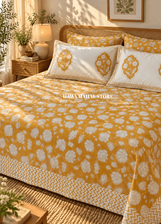 Handblock Print Percale Bedsheet with Reversible Pillow Covers