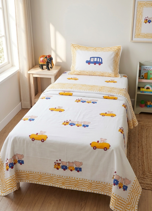 Kids Handblock South cotton Single Bedsheet – Car Race
