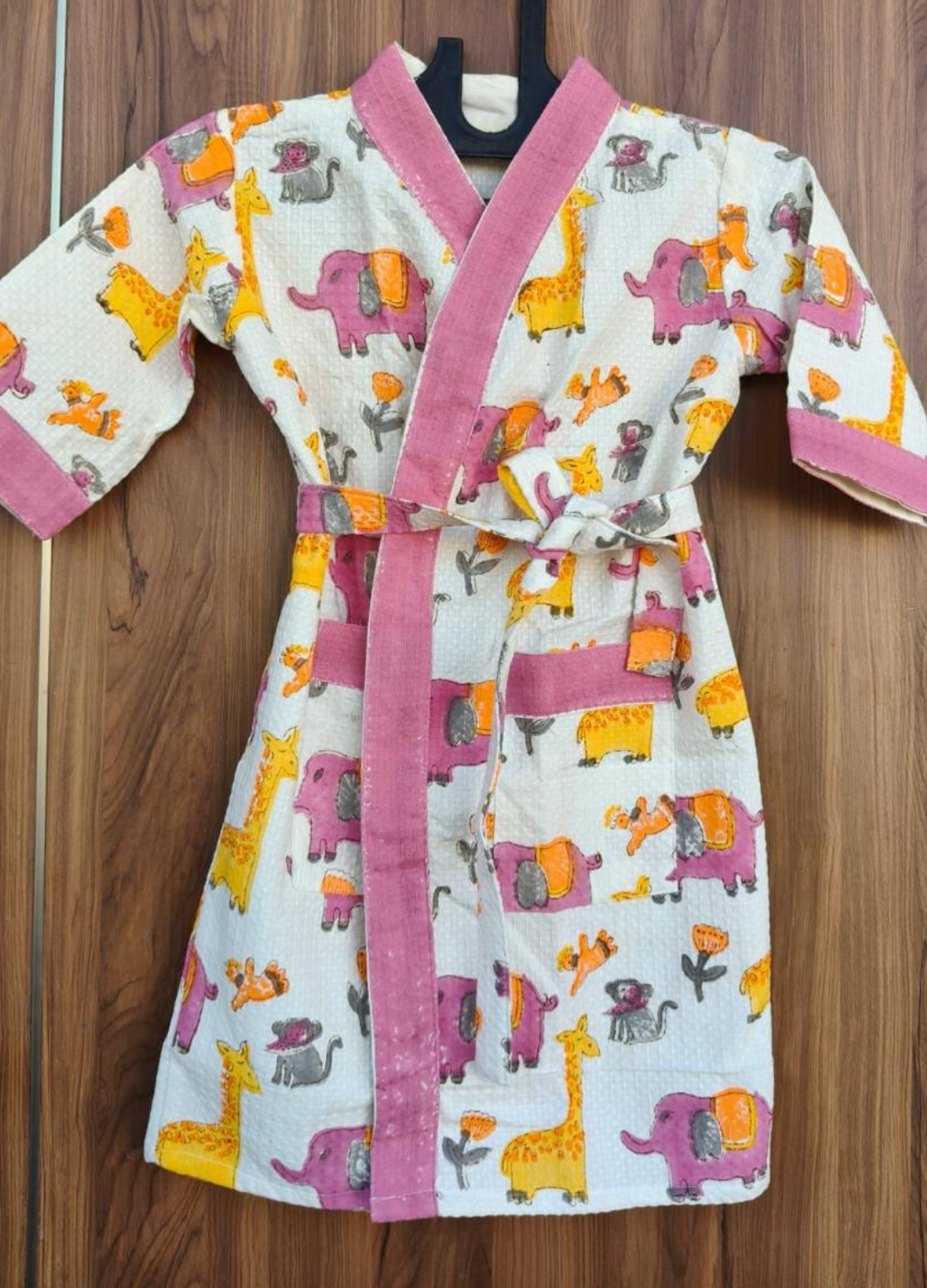 Hand Block Printed Kids Waffle Cotton Bathrobe - Pink Elephant