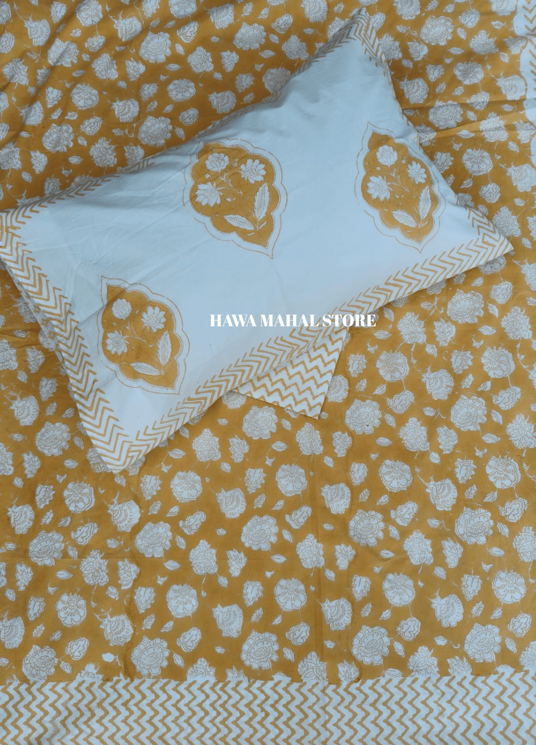 Handblock Print Percale Bedsheet with Reversible Pillow Covers