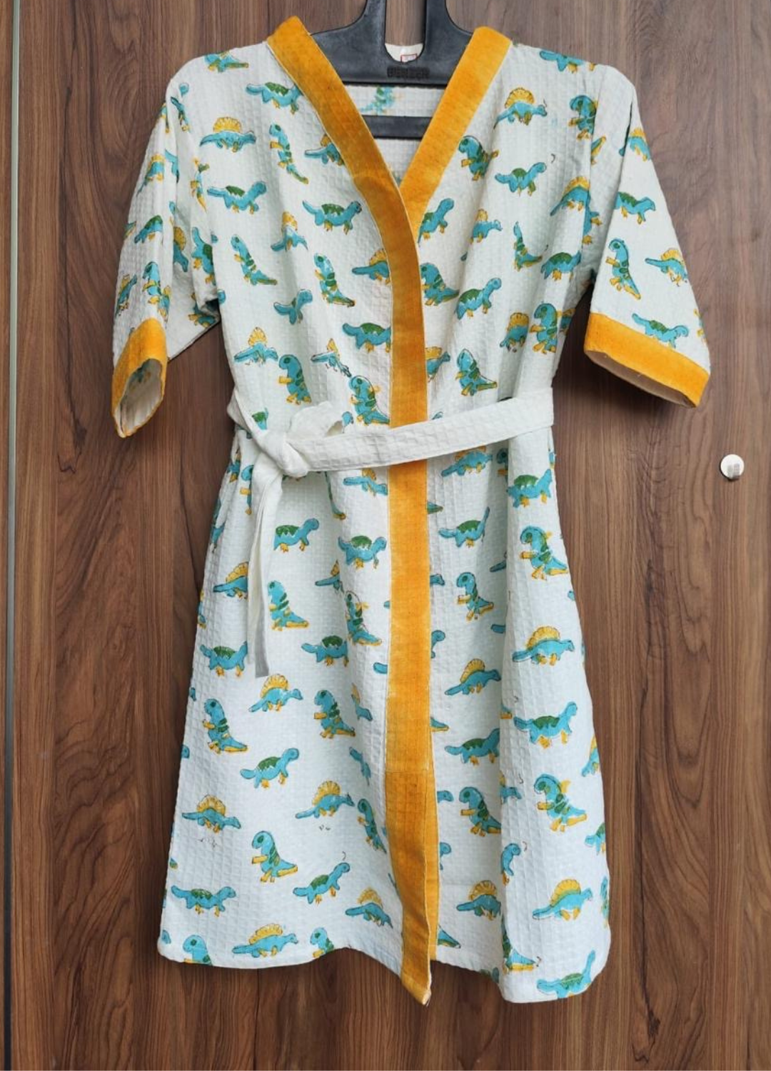 Hand Block Printed Kids Waffle Cotton Bathrobe - Dino