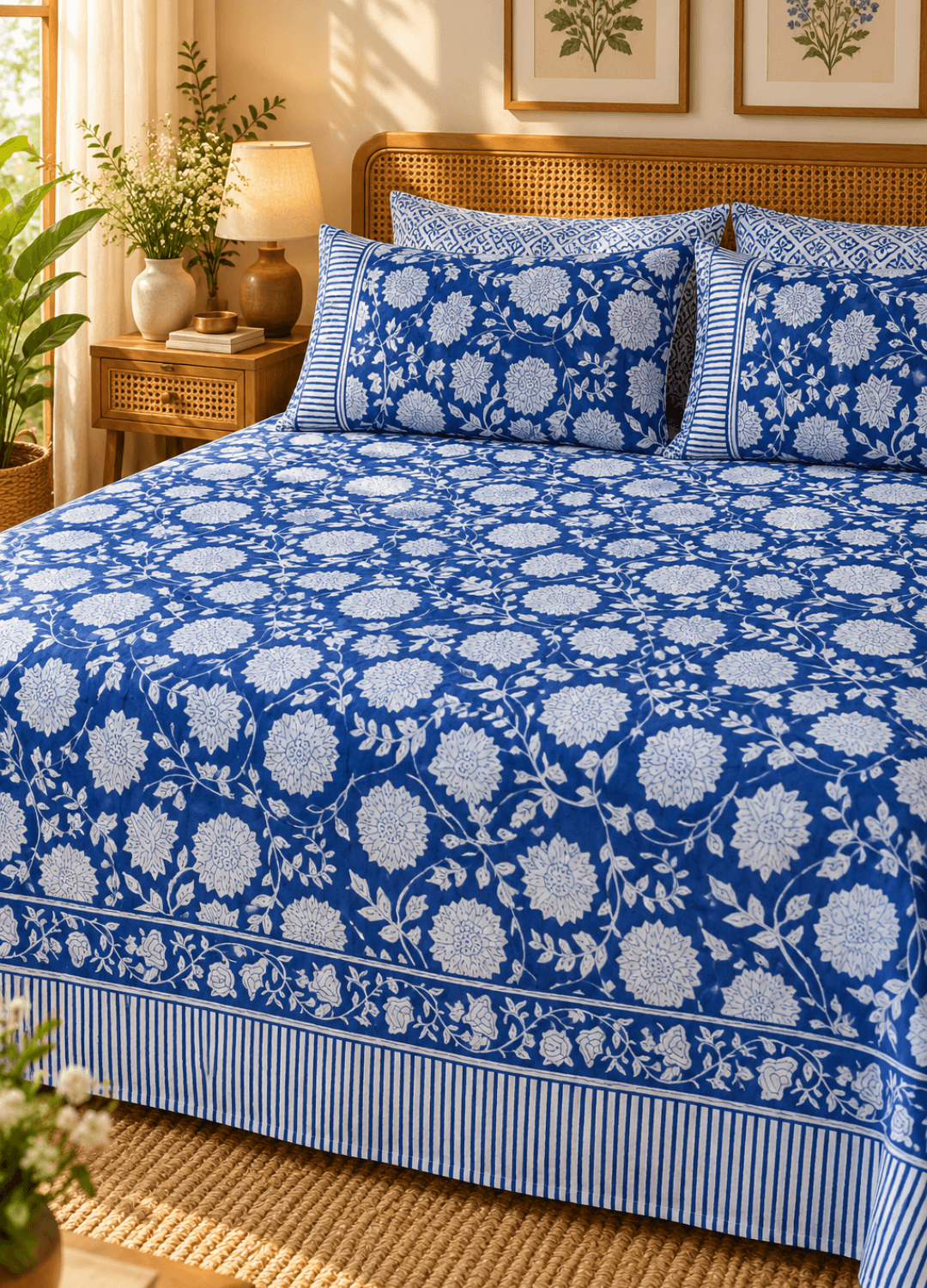 Handblock Print Percale Bedsheet with Reversible Pillow Covers