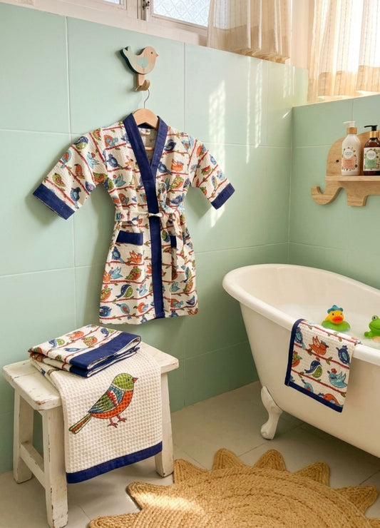Hand Block Printed Kids Waffle Cotton Bathrobe - Birdie