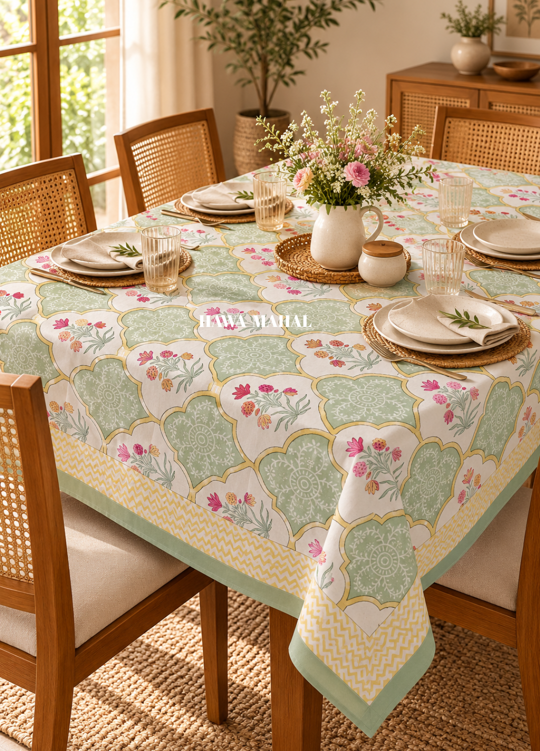 Green Handblock Printed Table Cover