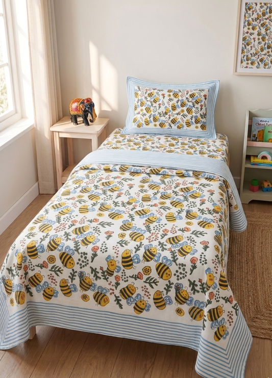 Kids Handblock South cotton Single Bedsheet – Honey Bee