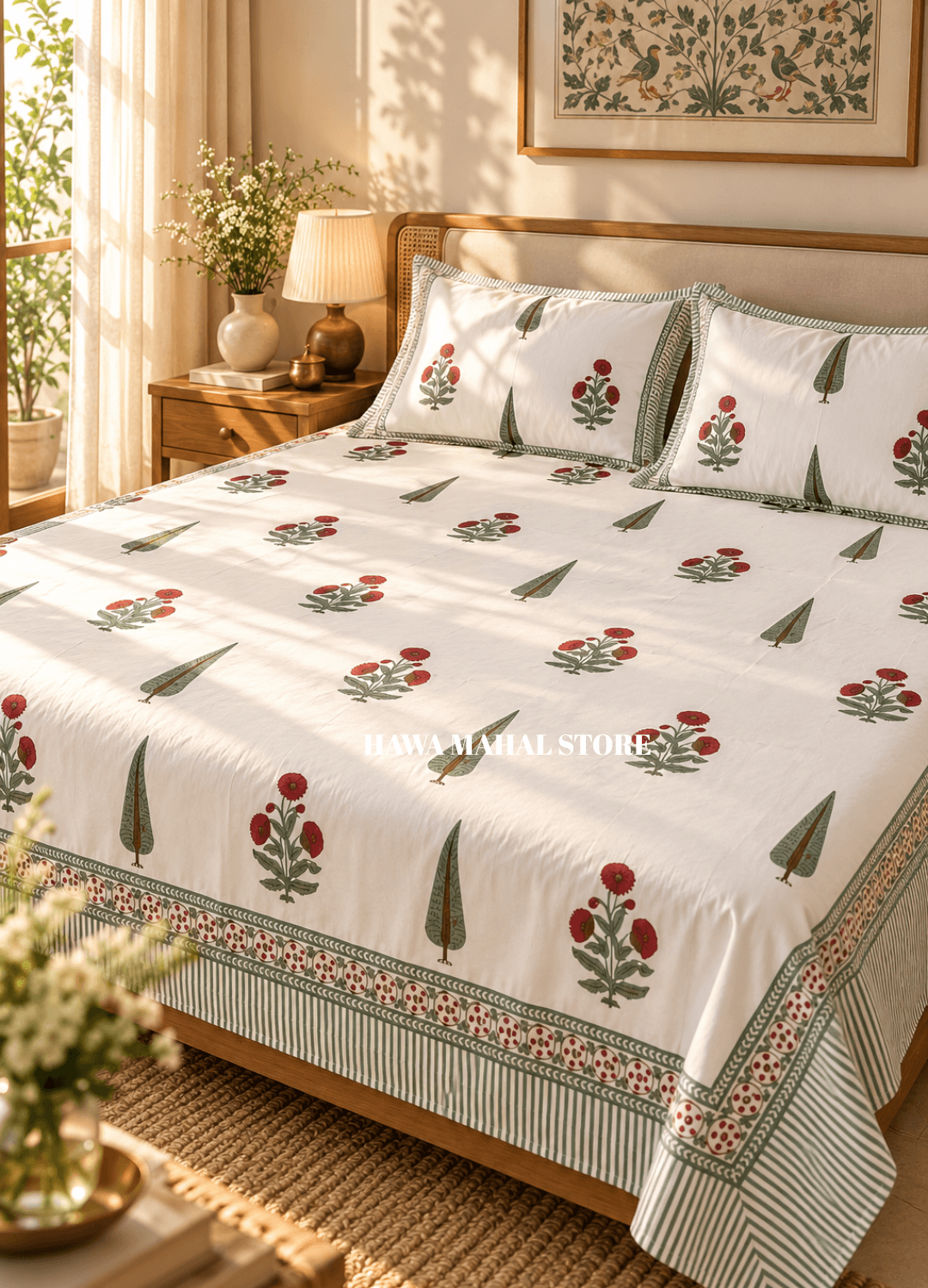 Handblock Print Percale Bedsheet with Reversible Pillow Covers