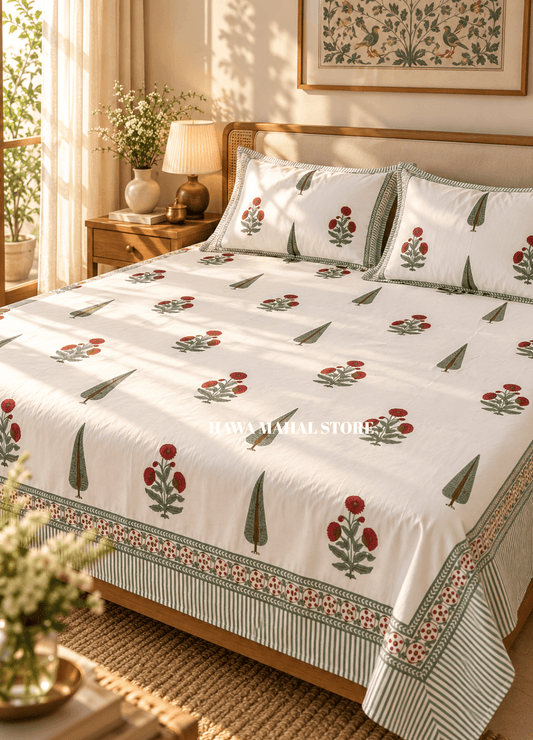 Handblock Print Percale Bedsheet with Reversible Pillow Covers