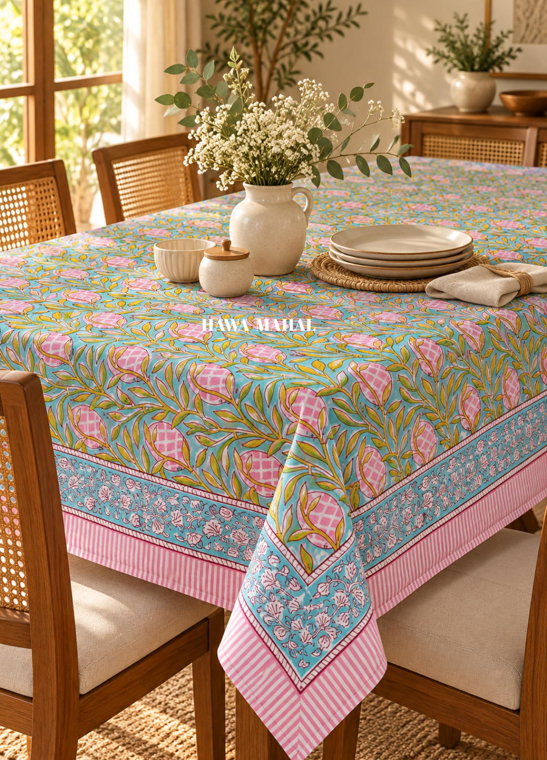 Green Handblock Printed Canvas Table Cover
