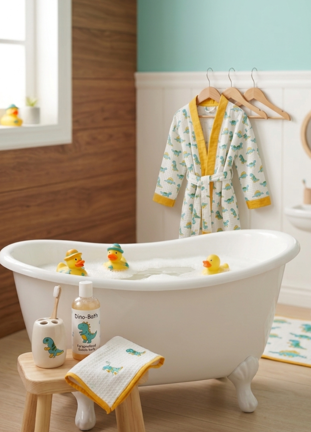 Hand Block Printed Kids Waffle Cotton Bathrobe - Dino