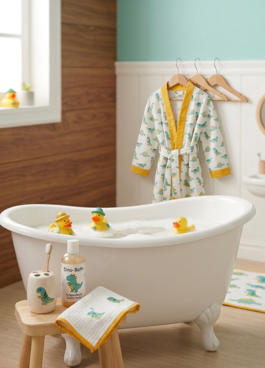 Hand Block Printed Kids Waffle Cotton Bathrobe - Dino