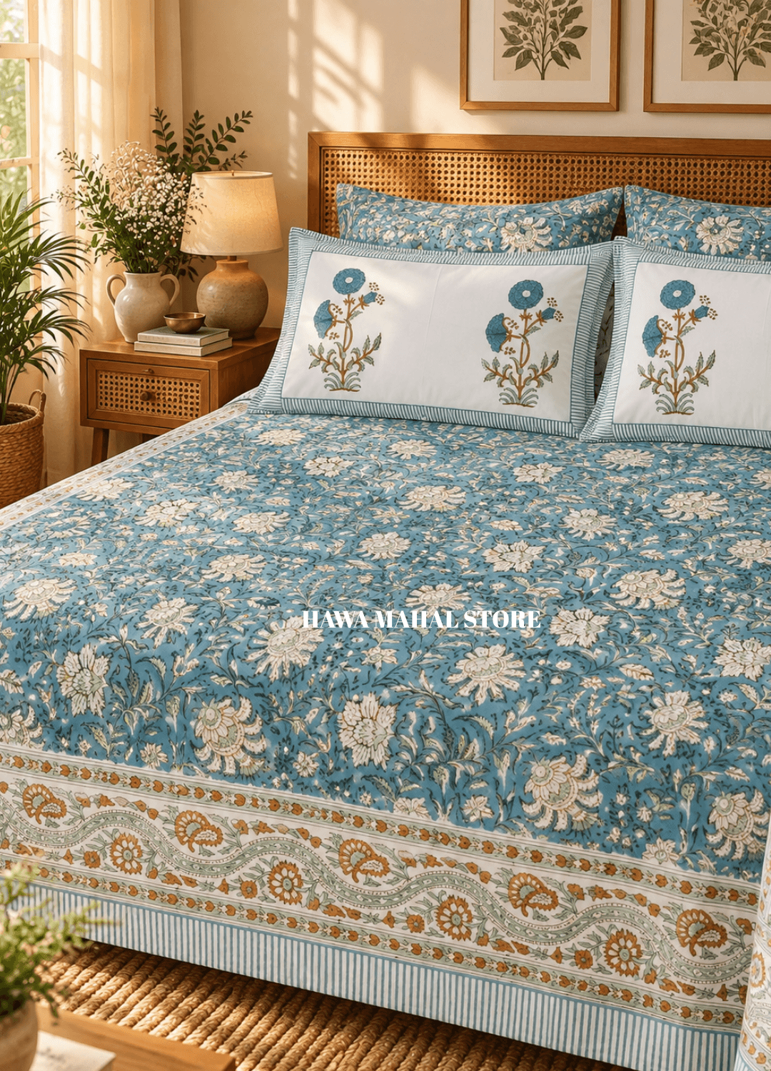 Handblock Print Percale Bedsheet with Reversible Pillow Covers