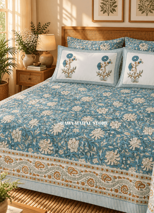 Handblock Print Percale Bedsheet with Reversible Pillow Covers