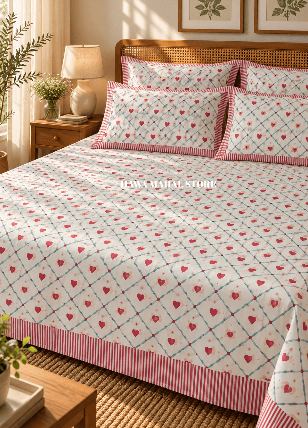 Handblock Print Percale Bedsheet with Reversible Pillow Covers