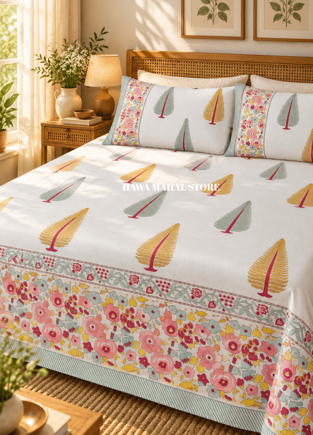 Handblock Print Percale Bedsheet with Reversible Pillow Covers
