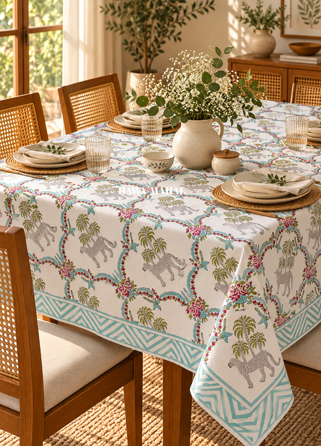 White Handblock Printed Table Cover