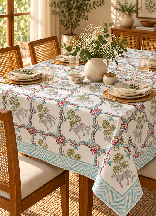 White Handblock Printed Table Cover