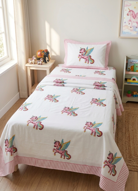 Kids Handblock South cotton Single Bedsheet – Unicorn