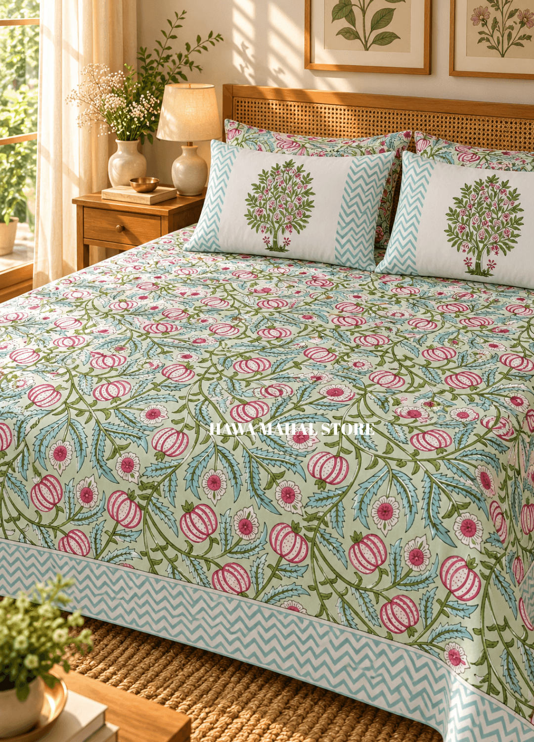 Handblock Print Percale Bedsheet with Reversible Pillow Covers