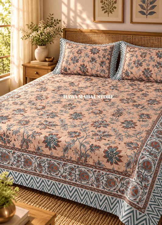 Handblock Print Percale Bedsheet with Reversible Pillow Covers