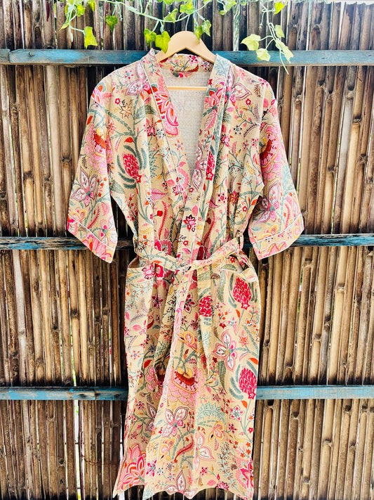 Hand Block Printed Cotton Waffle Bathrobe – Ultra Soft & Absorbent