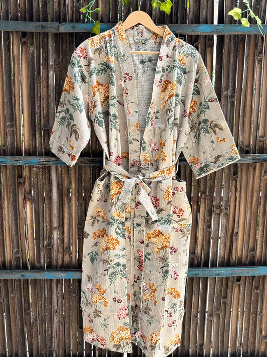 Hand Block Printed Cotton Waffle Bathrobe – Ultra Soft & Absorbent