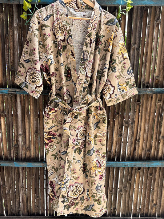 Hand Block Printed Cotton Waffle Bathrobe – Ultra Soft & Absorbent