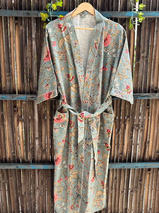 Hand Block Printed Cotton Waffle Bathrobe – Ultra Soft & Absorbent