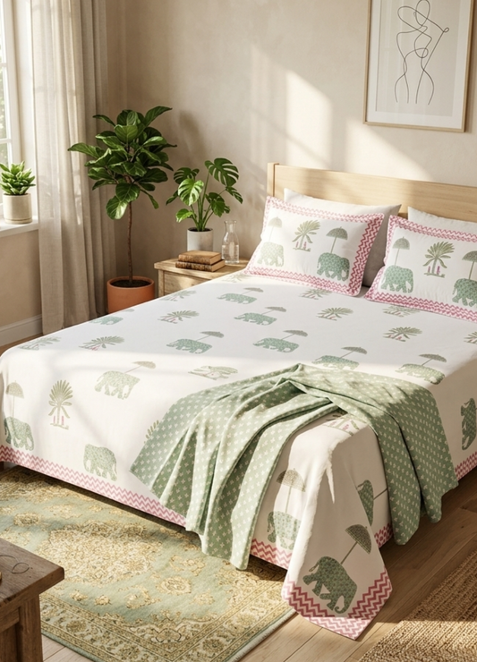 Hand Block Printed Super King Bedsheet with Reversible Pillow Covers (108 x 108 inches)