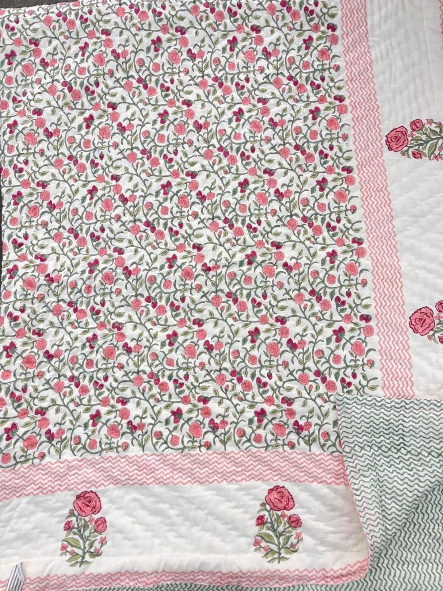 Pink Floral Jaipuri Quilt- Handblock Printed Reversible Mulmul Cotton Quilt - Double (90 x 108 inch) (Copy)