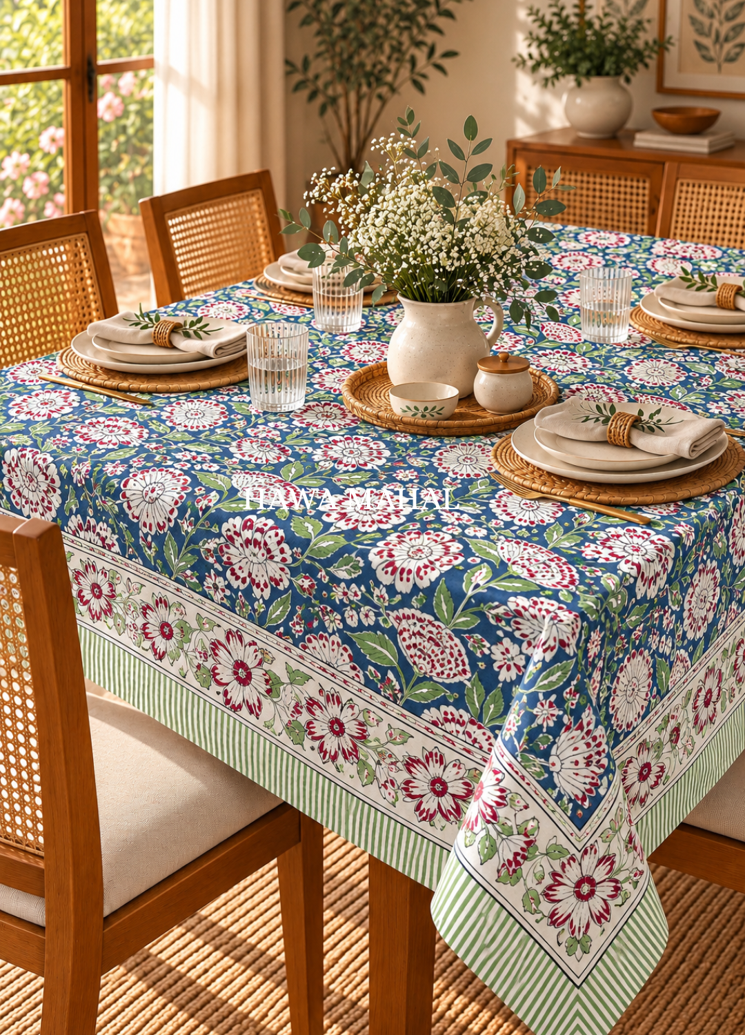 Green Handblock Printed Canvas Table Cover