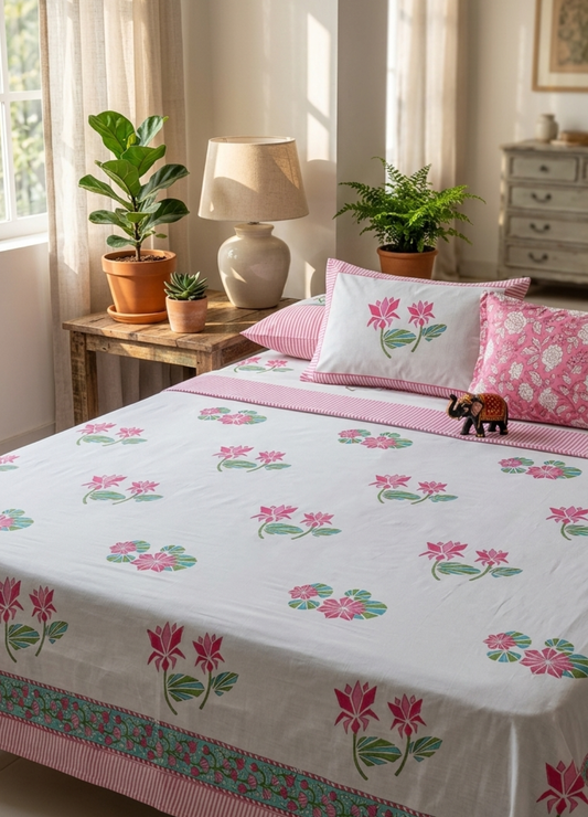 Niharika Hand Block Printed King Bedsheet with Reversible Pillow Covers (90 x 108 inches)