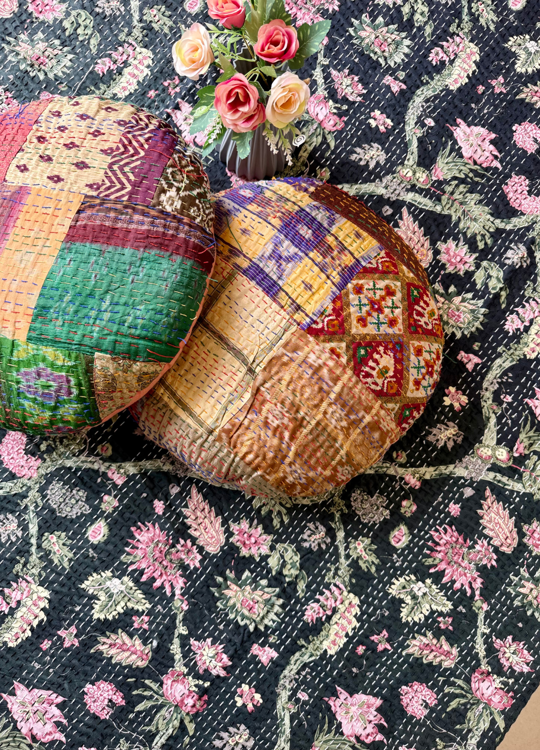 Black Kantha Luxury Bedcover - 90x108 inch