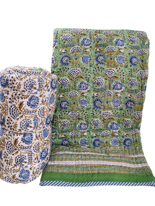 Jaipuri Quilt- Handblock Printed Reversible Mulmul Cotton Quilt - Double (90 x 108 inch)